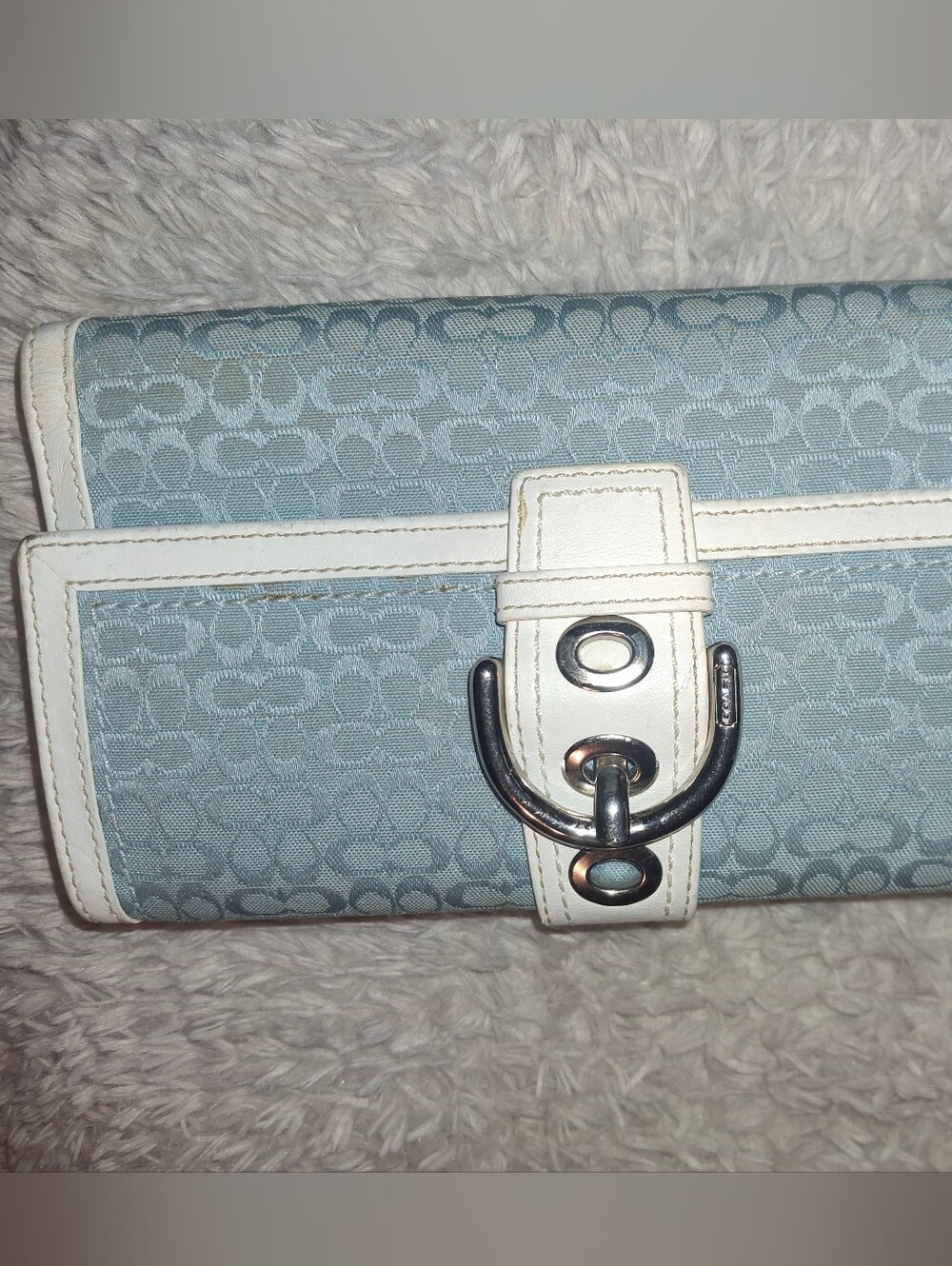 VINTAGE Y2k COACH Light Blue Signature Pattern Wallet with White Trim -rare